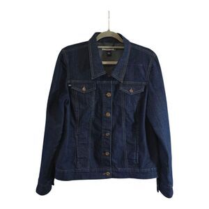 BANDOLINO SIZE LARGE BLUE DENIM JACKET FUNCTIONAL FRONT POCKETS BUTTON FRONT